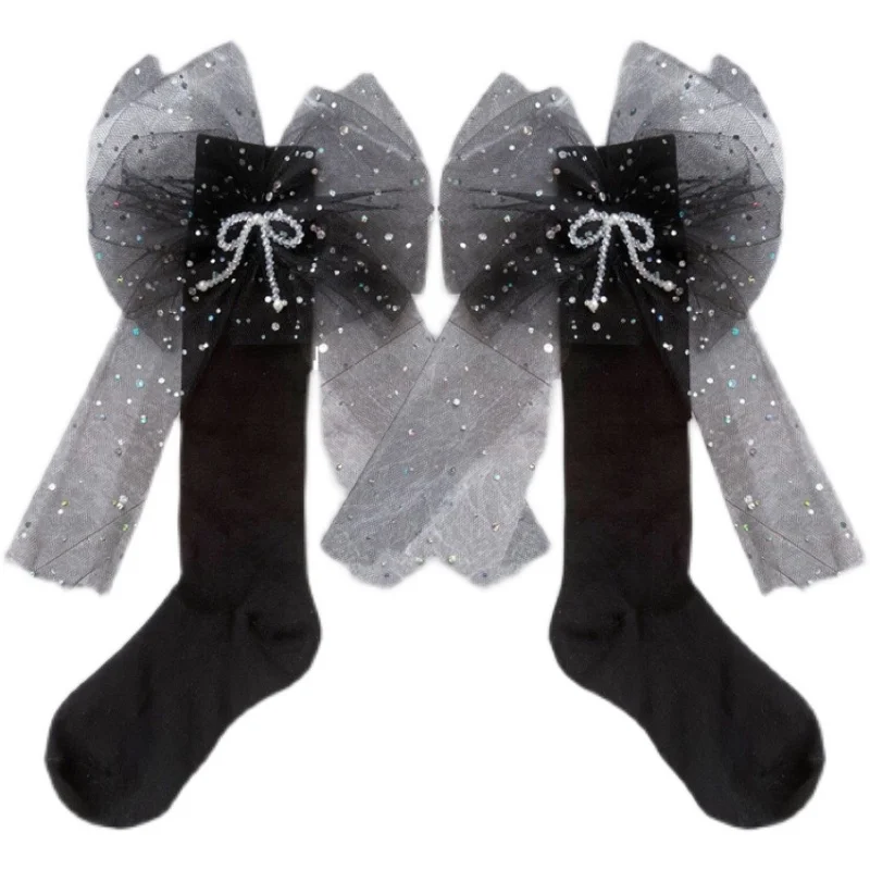Spring And Summer Rhinestone Bow Handmade Princess Socks JK Style Calf Stockings Lolita thigh high stockings For Women Girls