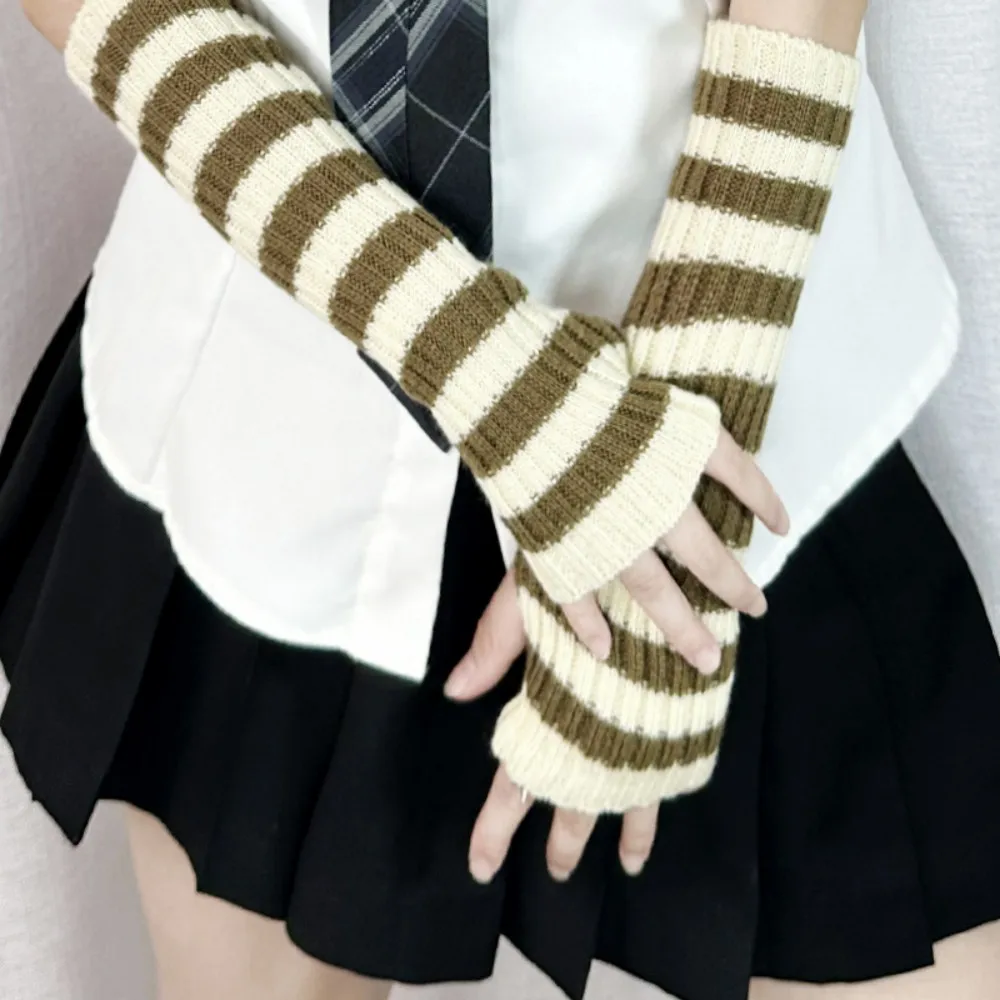 Warm Arm Warmers Women Wrist Elbow Thermal Glove Hand Arm Warmers Striped Knitted Woolen Elbow Mittens Cosplay Sleeves arm sleeves wrist warmers