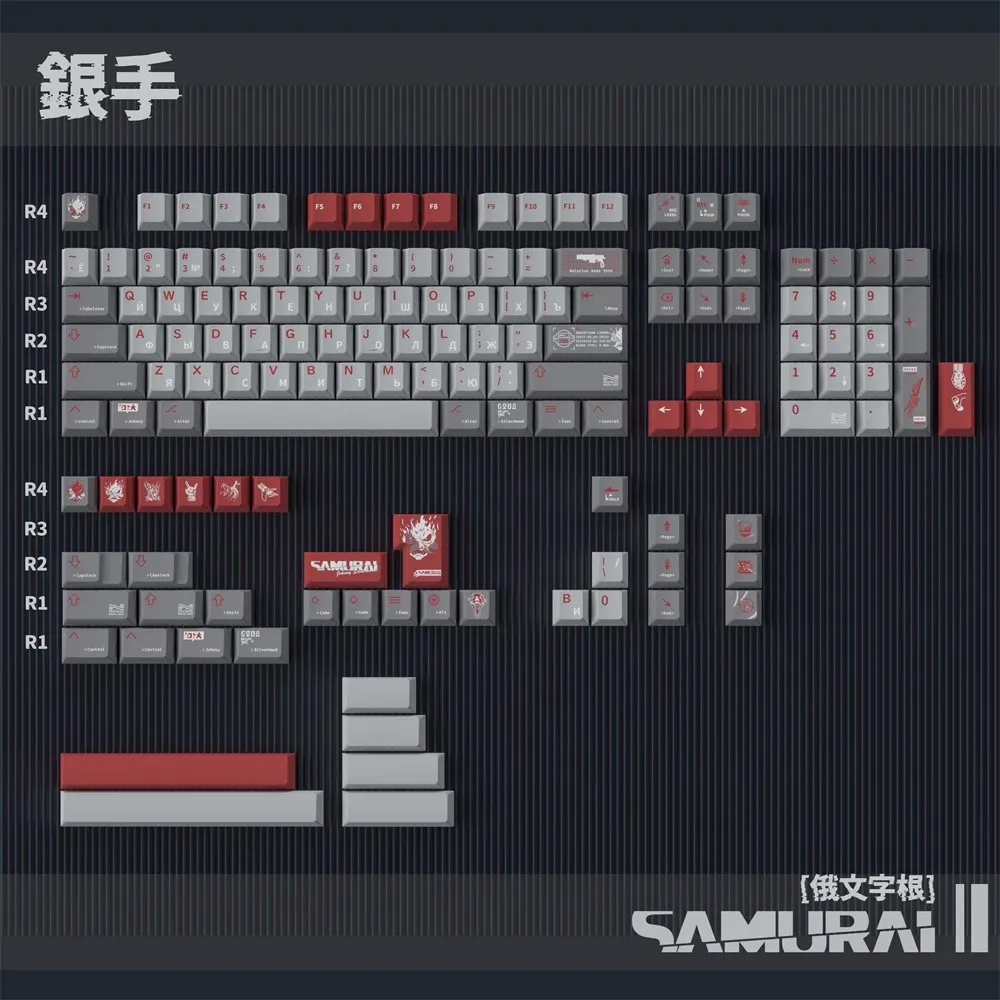 Samurai Silverhand Teclas Pbt Russo Japonês Cherry Perfil Keycap 61 64 68 75 84 96 98 143 Teclas por Conjunto Sbpk 2077 - Imagem 4