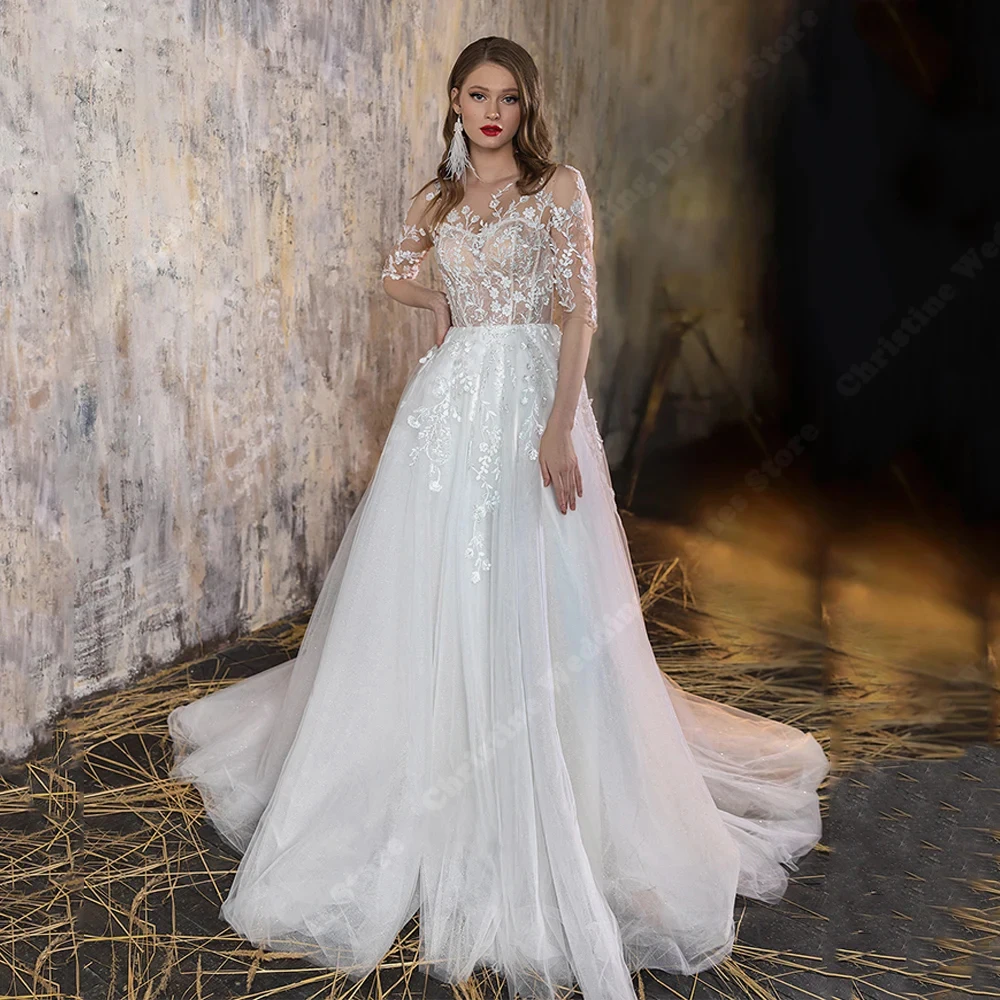 

Graceful Tulle Women Wedding Dresses Off The Shoulder A-Line Bridal Gowns Sexy Lace Floral Print Mopping Length Vestido De Novia