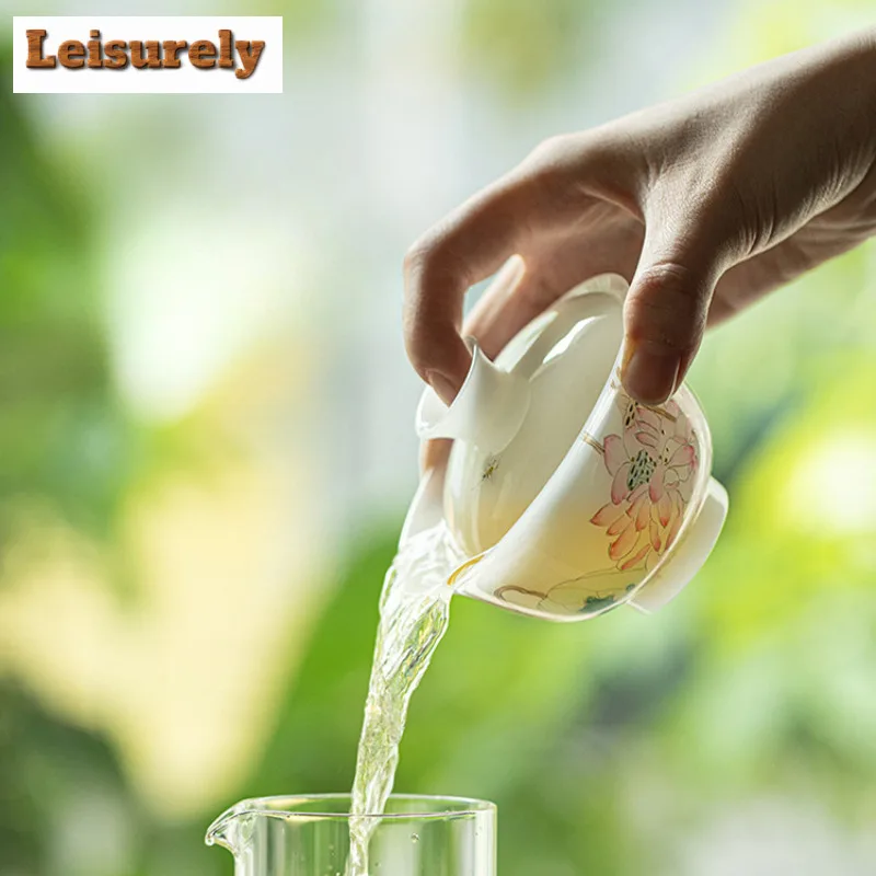 Jade Mud Hand Painted Lotus Gaiwan Retro Tea Tureen Household Tea Bowl With Lid Kit Tea Making Cover Bowl Teaware Collection