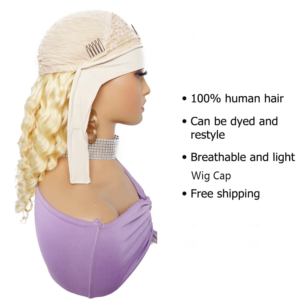 Put And Go 613 Honey Blonde Deep Wave Headband Scarf Wig For Women Indian Remy Human Hair Wigs Full Machine Made 12-26 Inch