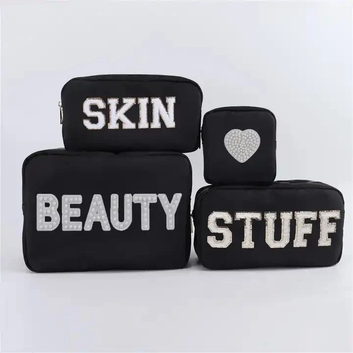 

Hot Selling Customize DIY Letters Patch Nylon Durable Waterproof Pouch Makeup Case Nylon Travel Cosmetic Bag