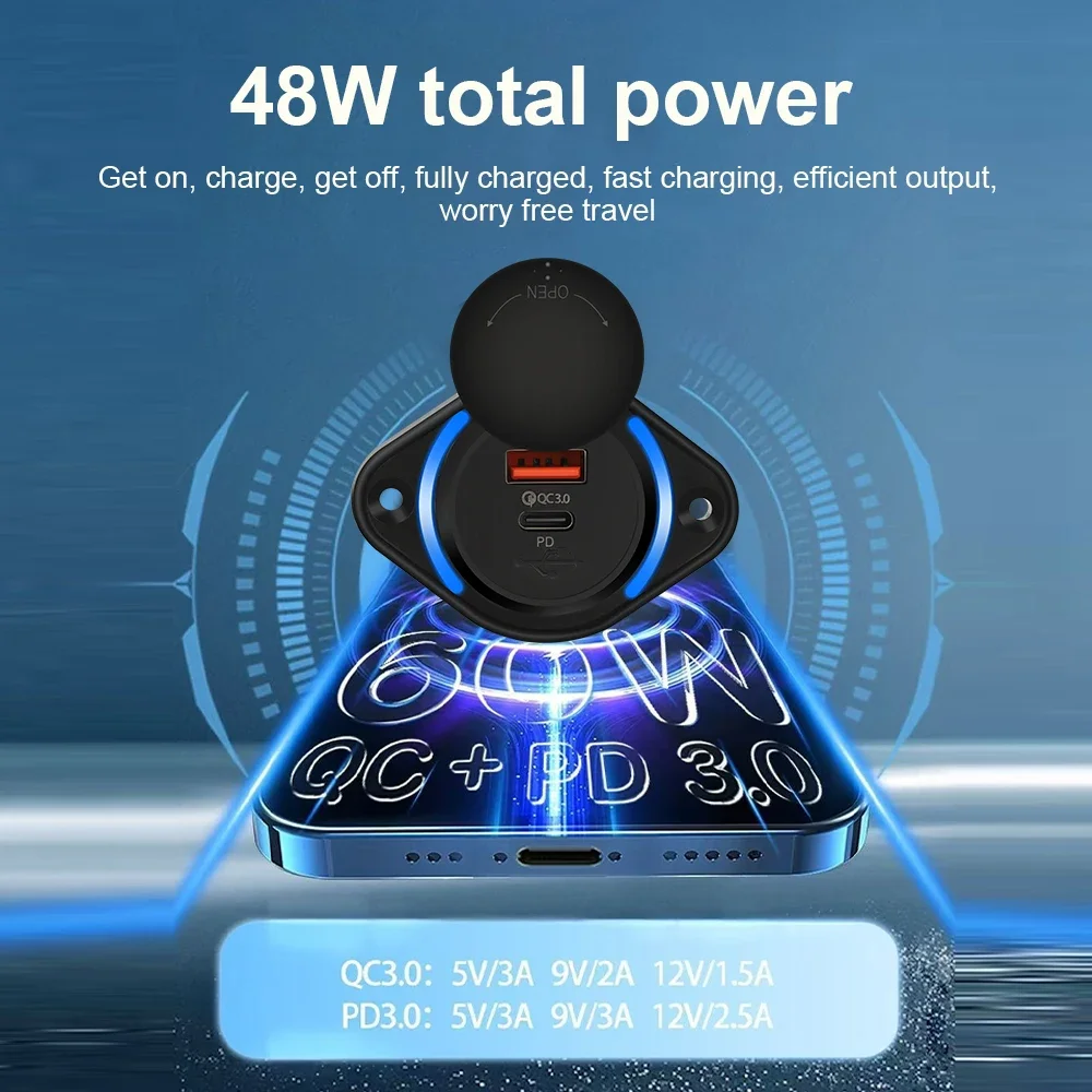 48W PD QC 3.0 차량용 충전기 소켓 슬라이딩 캡 포함 USB 타입-C 고속 충전기 전원 콘센트 차량용 보트 버스 RV용