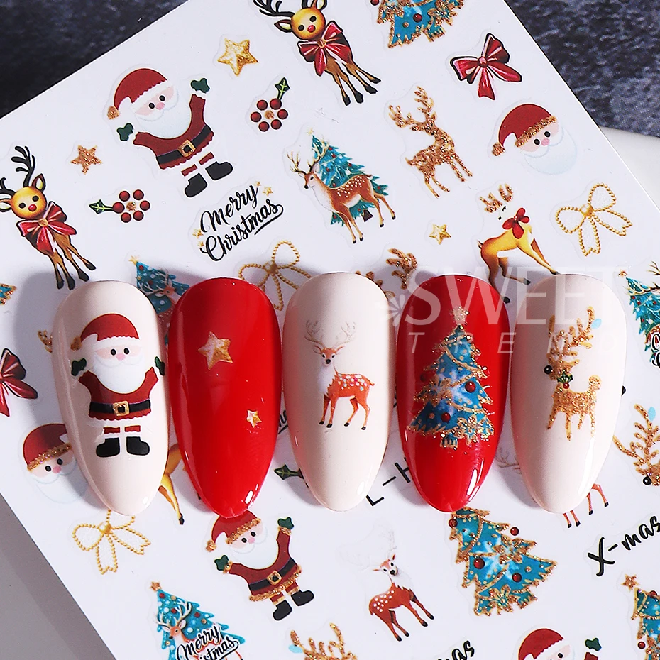 8pcs Christmas Nail Stickers Self-Adhesive Reindeer Santa Claus Penguin Xmas Tree Holly Nail Decals Manicure Decoration Sliders