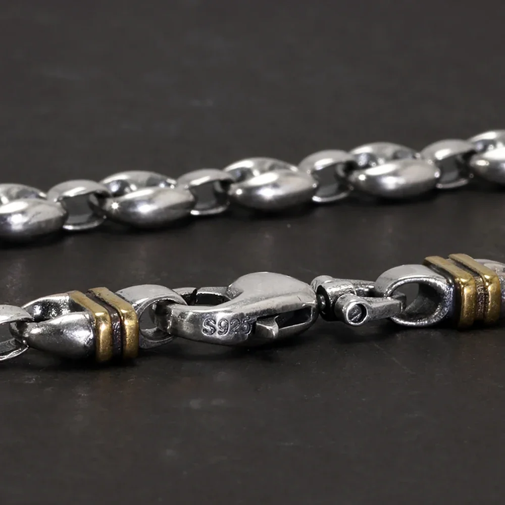 Solid 925 Sterling Silver 7mm Necklace Coffee Bean Chain for Men Retro Antique Punk Style Fine Jewelry 4
