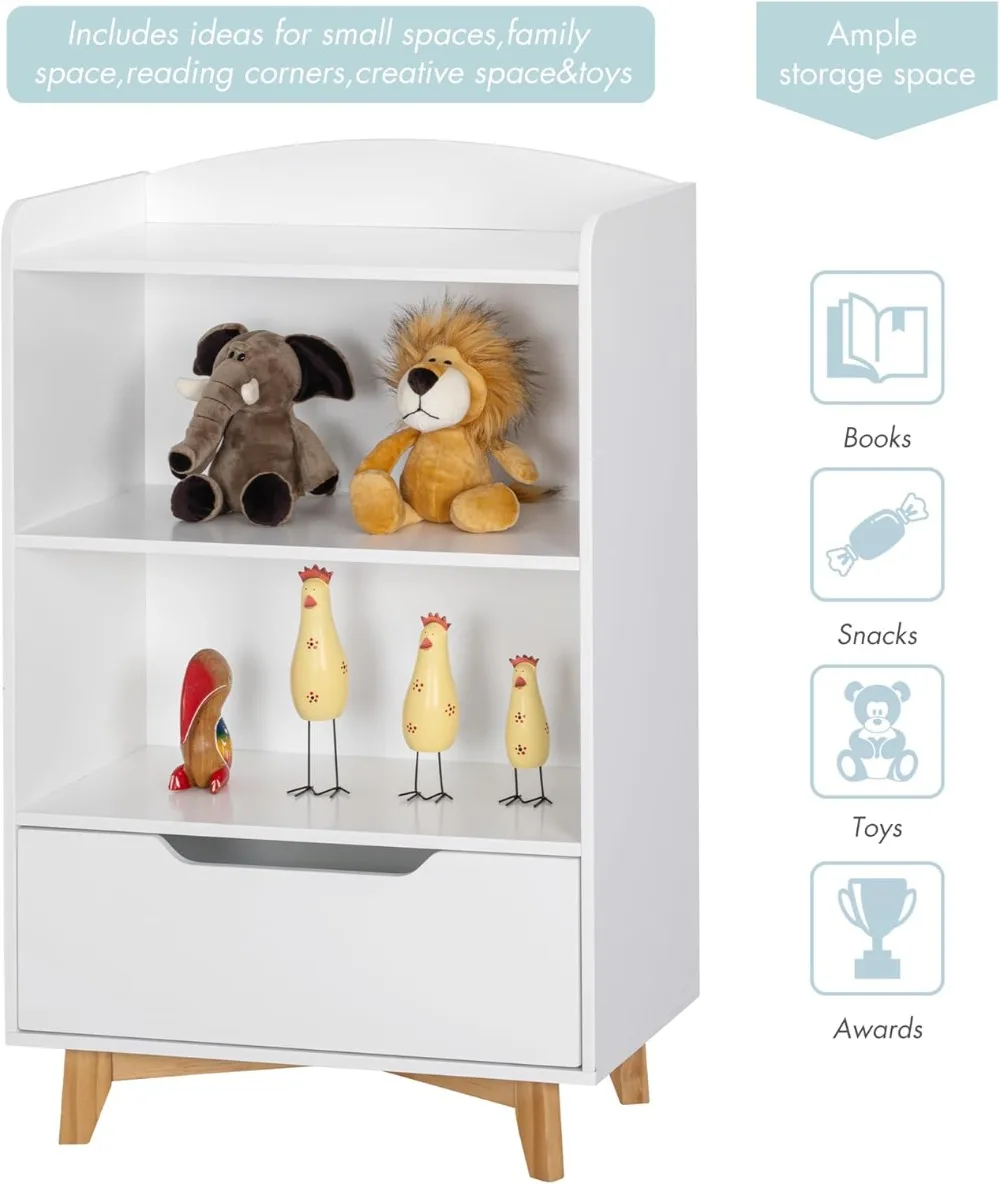 kids Bookshelf Wood Kids Toy Storage Organizer Children's Bookcases with Storage and Drawer for Playroom Bedroom Nursery School
