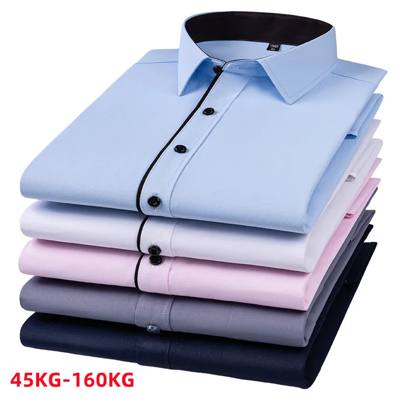 

New Fashion Plus Size Long Sleeve Solid Color Regular Fit Men's Social Casual Business White Black Dress Shirt 5XL 6XL 7XL 8XL