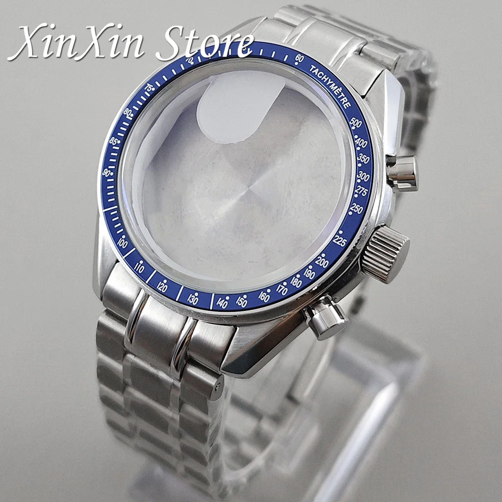 Men's 39.7mm Blue Bezel Watch Case with Moon Pattern Back and Chronograph Function for Quartz Movement, Fits 20mm Strap