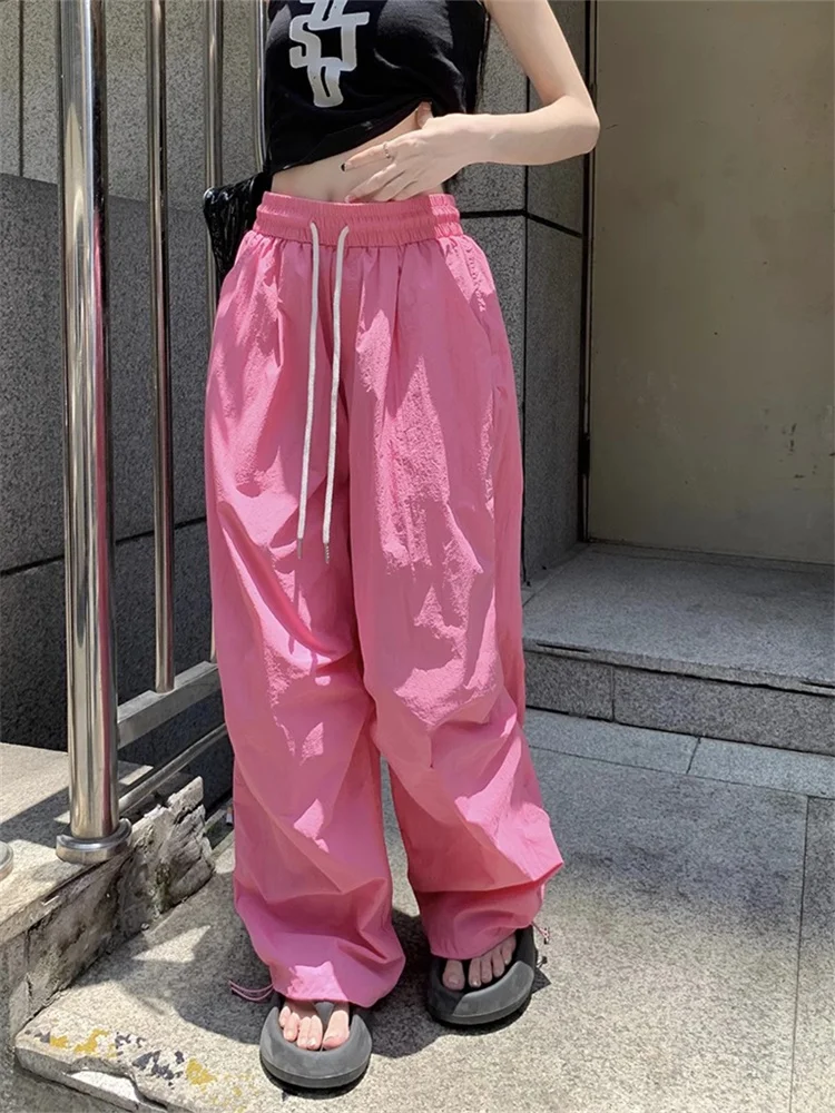 Deeptown Y2K Pink Parachute Pants Women Oversized Korean Style Hip Hop Track Trousers Quick Dry Drawstring Wide Leg Sweatpants