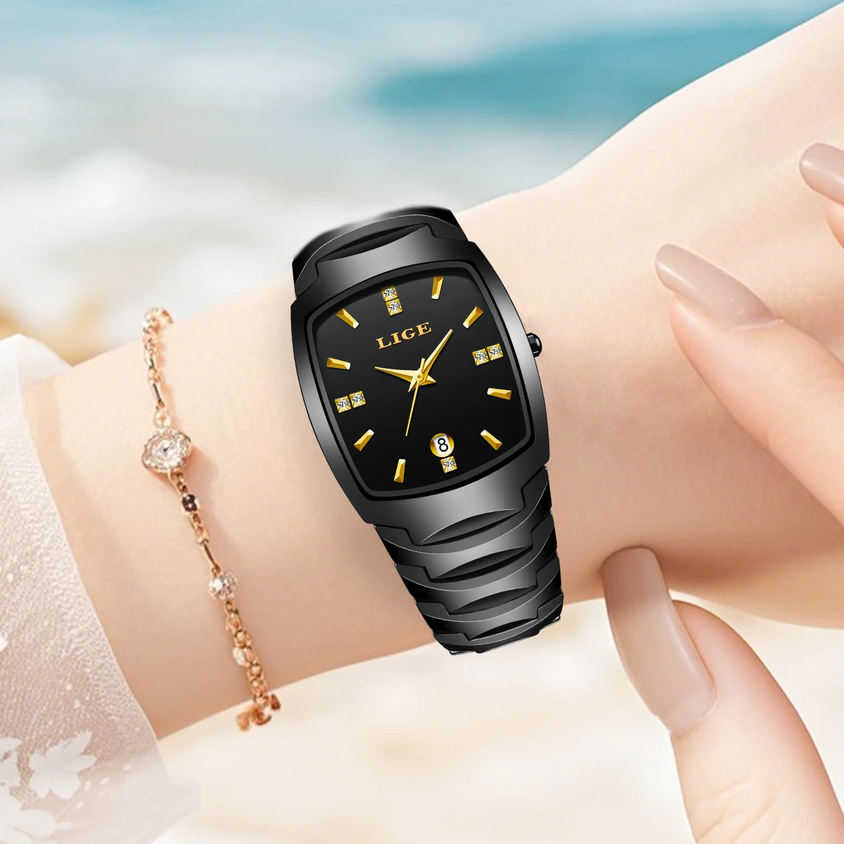 Alina Gadgets Lige Elegant Ladies Watch Fashion Simple Diamond Dial Waterproof Women Watches Luxury Ceramic Strap Date Classic Quartz Watch, Alina Gadgets