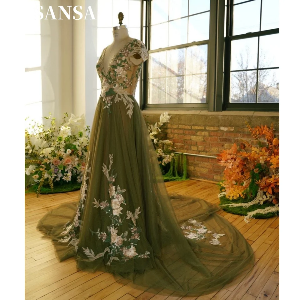 Sansa Boho V-neck A-line Lace Embroid Prom Dress Princess Green Tulle Evening  Dresses Sleeveless Vestidos De Fiesta   - AliExpress 320