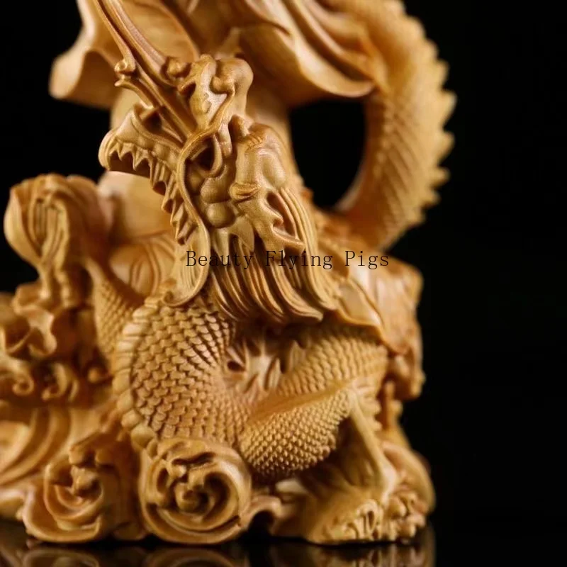 Traditional handmade carving of natural wooden dragon Guanyin Buddha statue Buddhist home living room feng shui ornaments