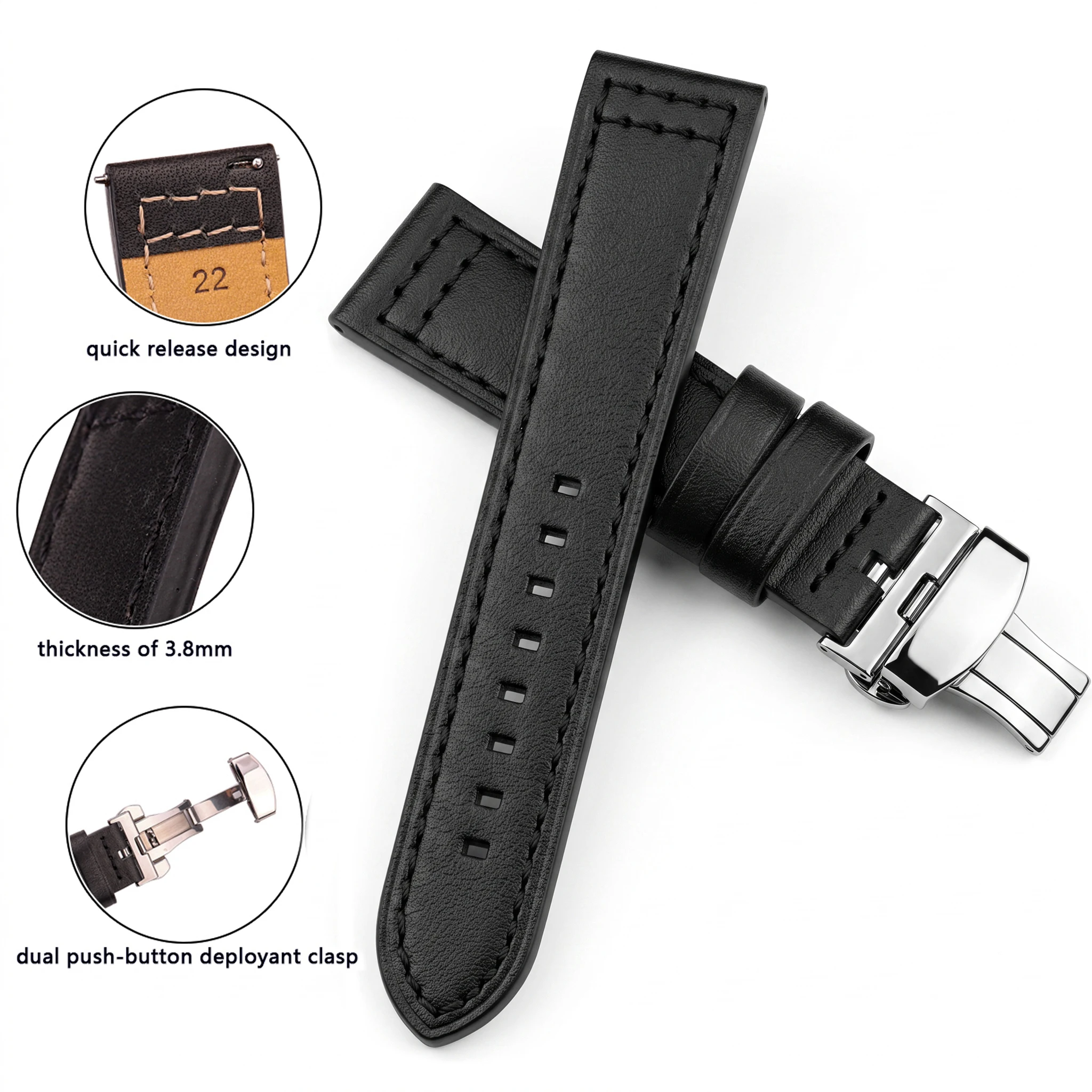 Elegant Quick Release Genuine Leather Watch Strap with Dual Press Automatic Clasp