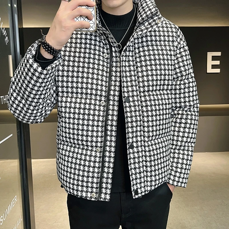 Fashion Men's 2023 Winter Plaid White Duck Down Jacket Casual Warm Short Puffer Coat Hip Hop Streetwear Top Thick Parkas Clothes