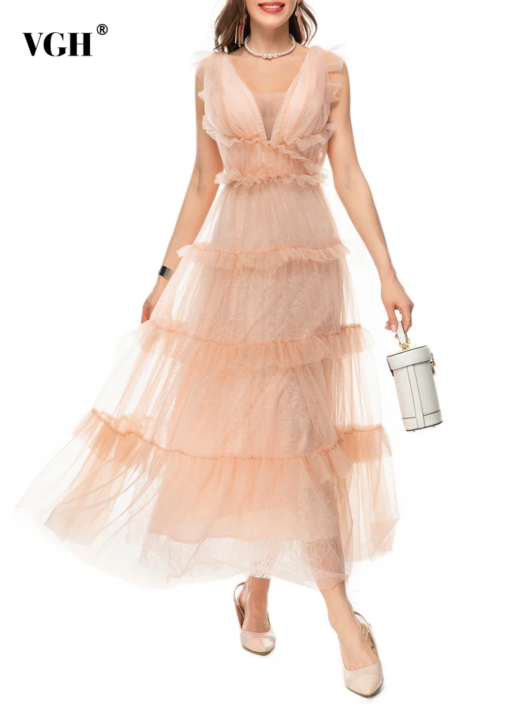 

VGH Solid Patchwork Mesh Sheer Dresses For Women V Neck Sleeveless High Waist Spliced Tiered Ruffles Party Dress Female Style