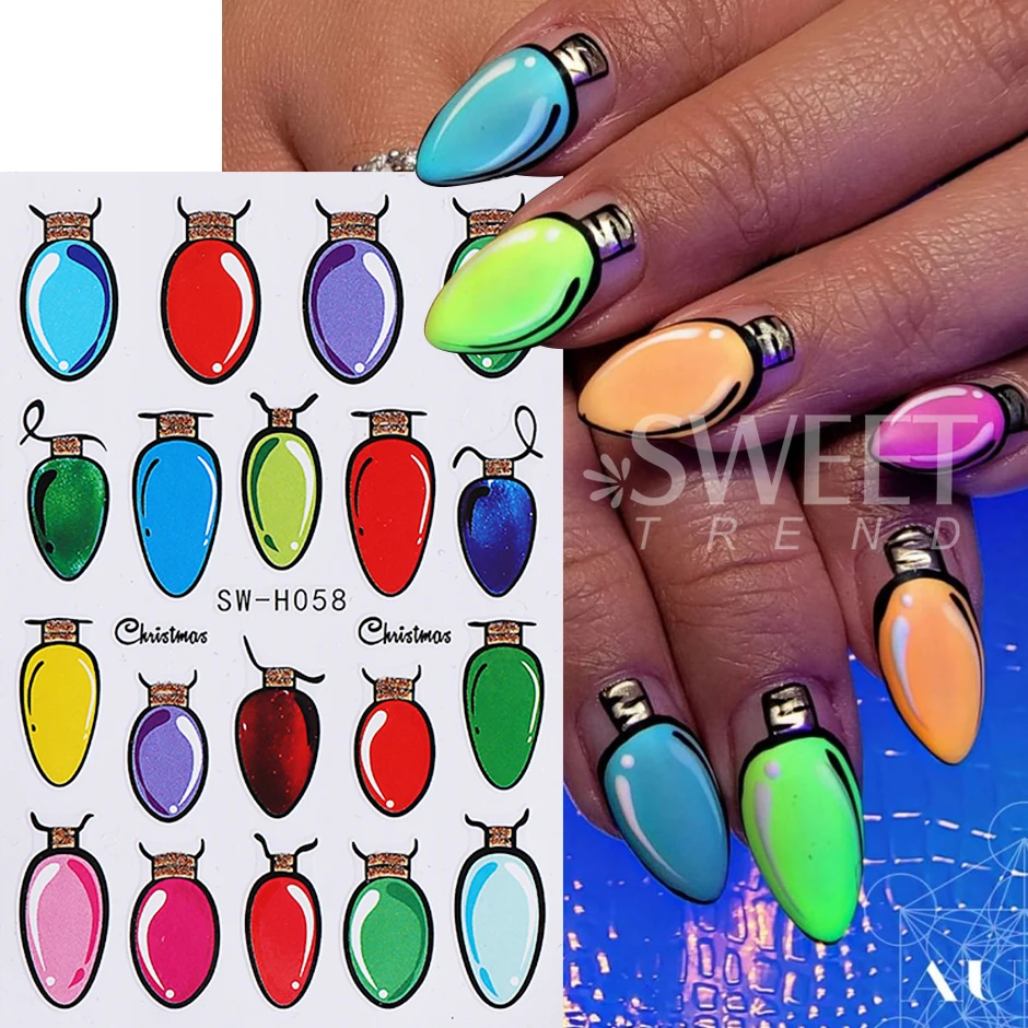 2pcs Christmas Light Bulb Nail Art Stickers 3D Colorful Light Bulb Pattern Design Adhesive Nail Decals DIY Manicure Decor Slider