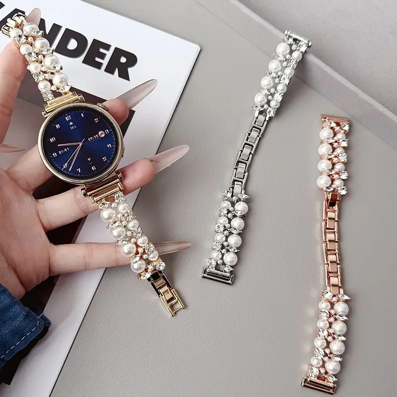 Elegant Pearl Beads Jewelry Bracelet Watch Band with Metal Diamond Accents