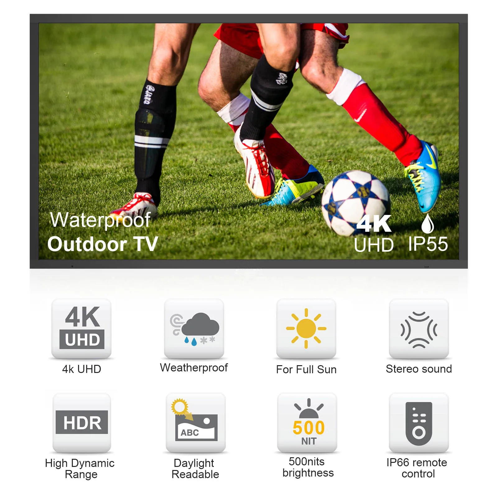 55 Inch Weatherproof Outdoor Television 4K Outdoor TV with 700 Nits Brightness Smart TV Wireless IP55