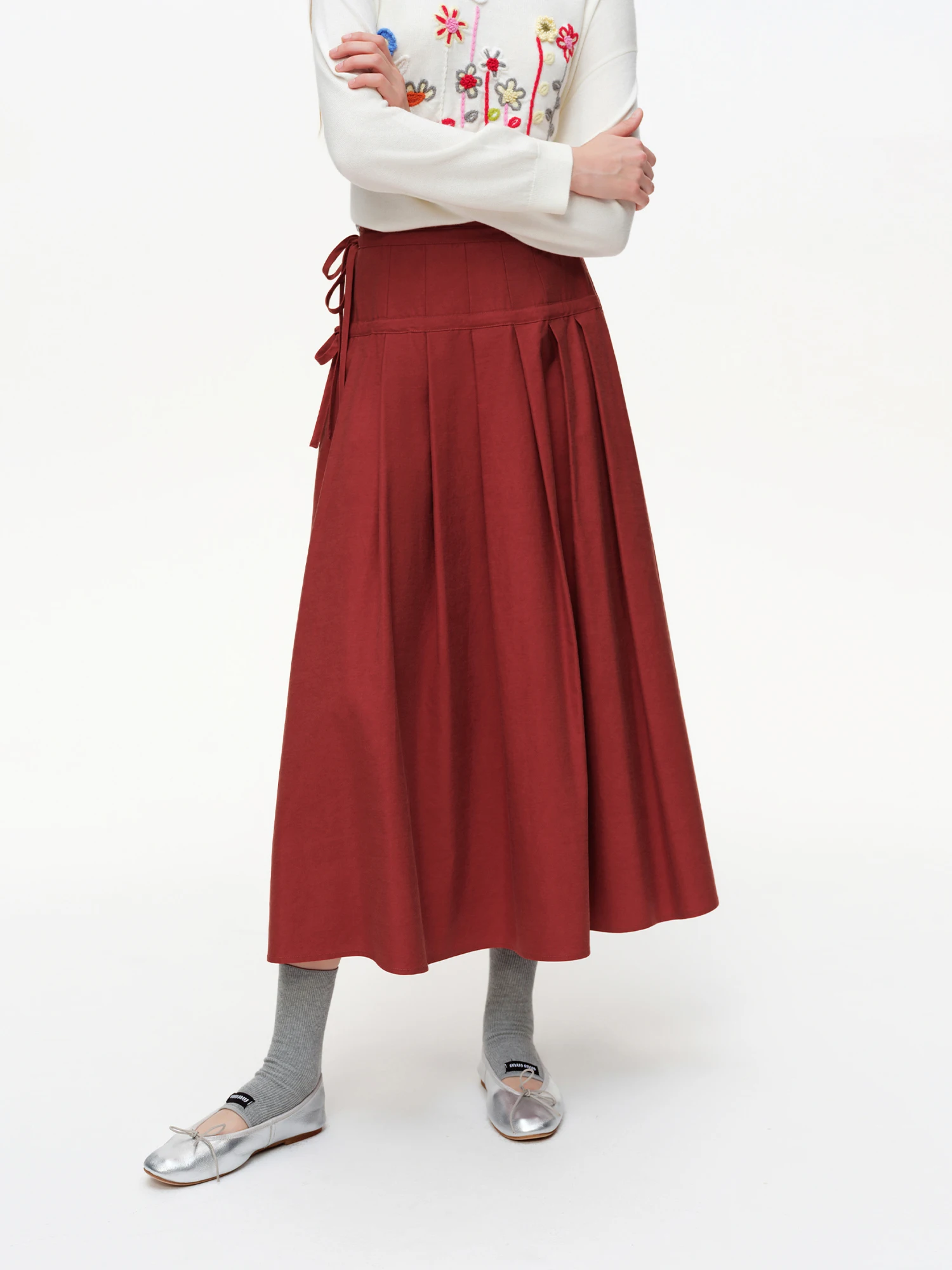 DUSHU 2025 Spring New High Waist 3D Pleated Skirt with Side Tie Layered Ruffle Midi Skirt Fashion Casual Bodycon Pencil Skirt