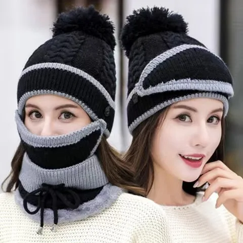 

Winter Cashmere Balaclava With Bear Ear Hat Scarf Gloves Set 3 In 1 Women Cute Beanies Caps Hood Warm Thick Plush Solid Color