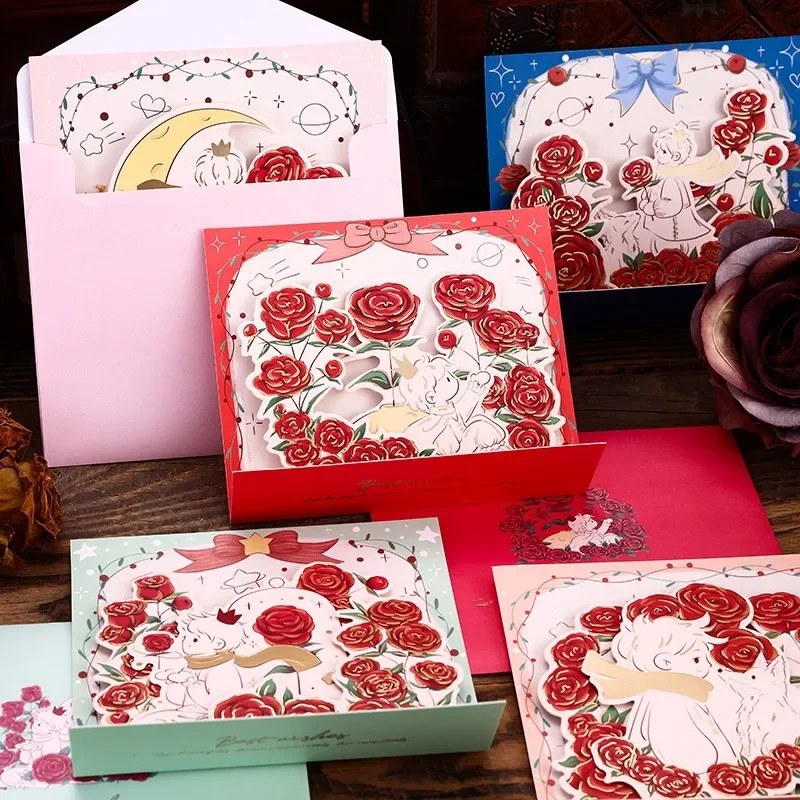 3D Prince and Rose Set Ins Girls' Card Flower Card Set Independent with Envelope Festival Universal Gift greeting cards