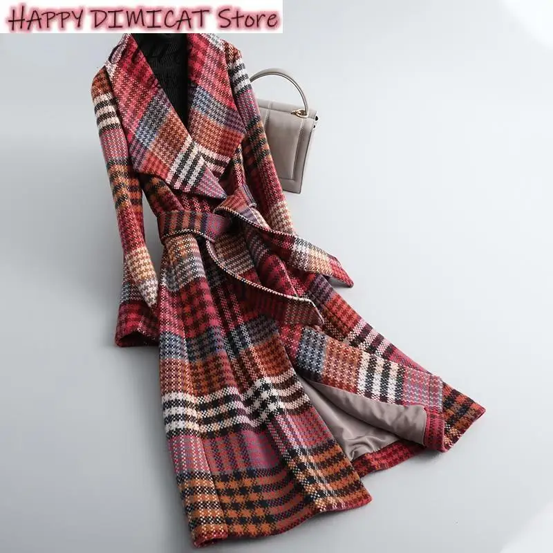 

Women Coat Luxury Women Wool Blends Long Coat Spring Autumn Office Lady Full Plaid Turn-down Collar Sashes Single Breasted Slim