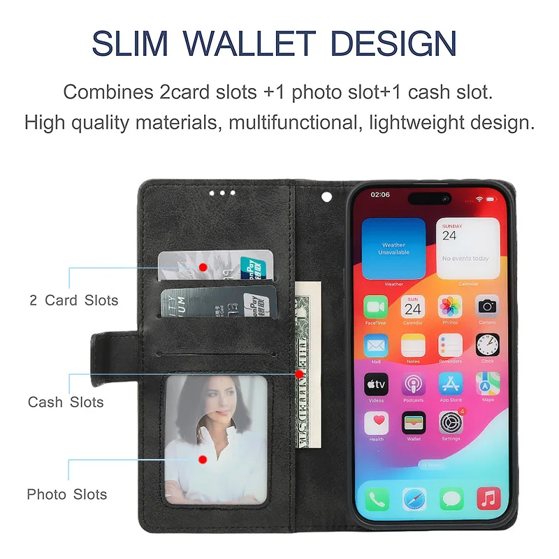 Leather Magnetic Flip Wallet Case with Card Slot Holder
