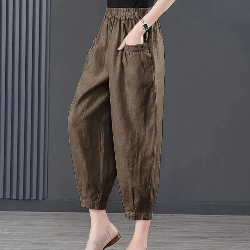 Women's 2024 Summer Fashion Solid Color Elastic High Waist Lantern Pocket Loose Band Mouth Ice Silk Cotton Linen Harlan Pants