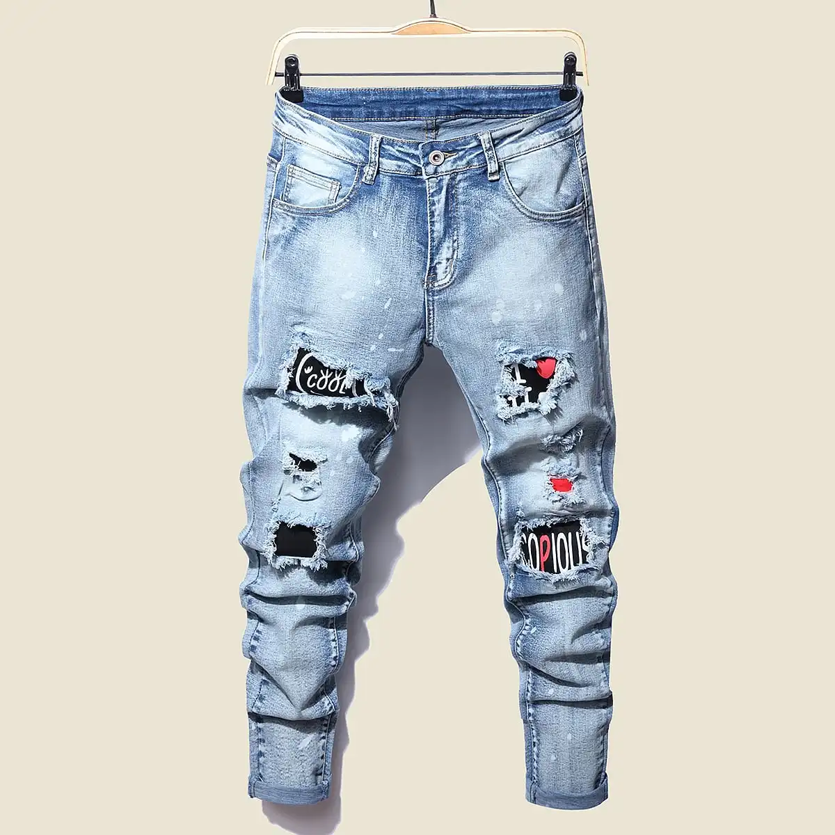 

Men Slim Biker Ripped Long Denim Trousers Skinny Jeans Pocket Side Straps and Zips Male Jogging Pants Destroyed Stretchy Pants