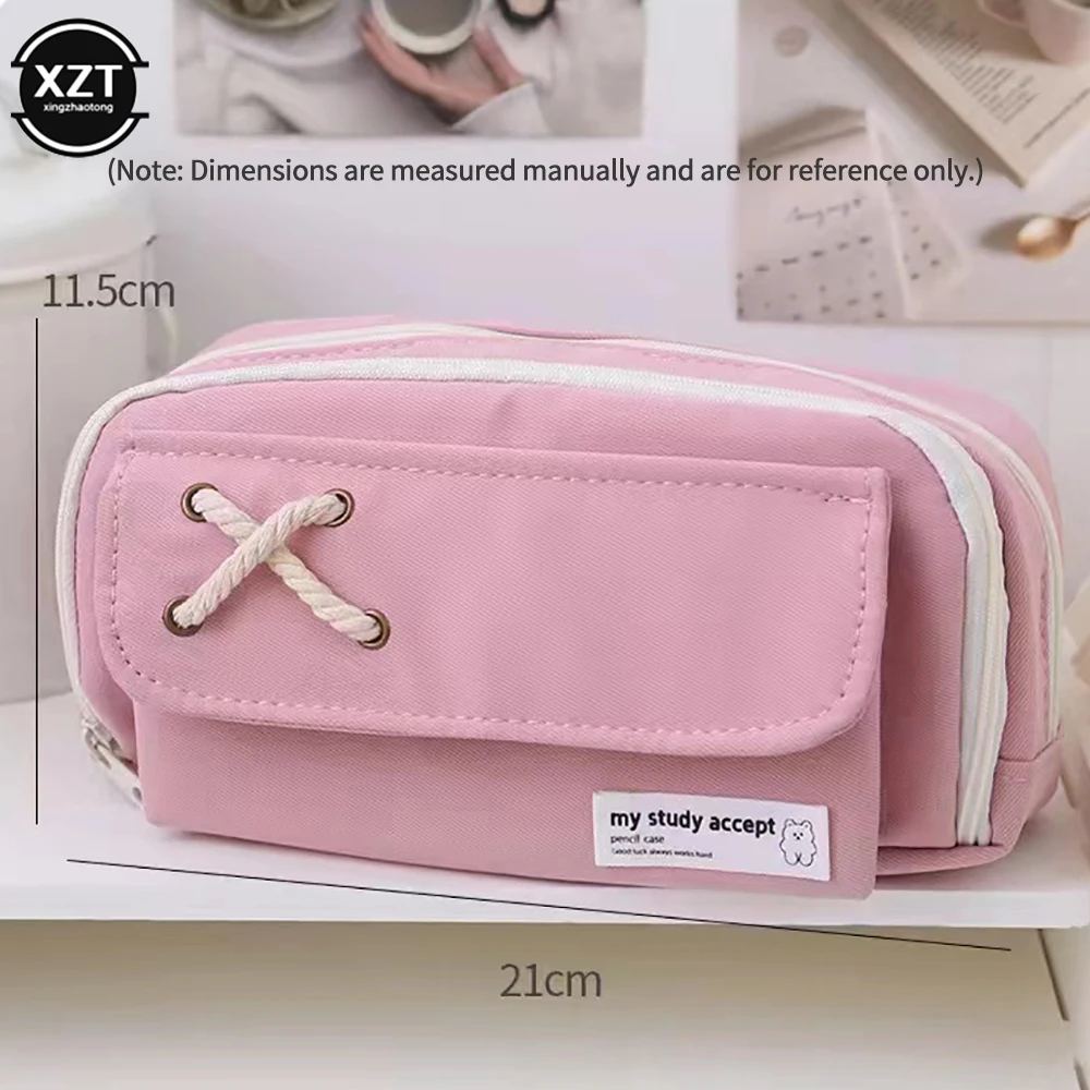 Large Capacity Pencil Bag Stationery Holder Box Aesthetic Canvas Pen Case Three-layer Zipper Pencil Pouch School Supplies