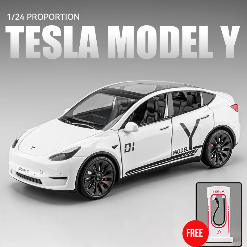 

1:24 Tesla Model Y Model 3 Charging Pile Alloy Die Cast Toy Car Model Sound and Light Children's Toy Collectibles Birthday gift