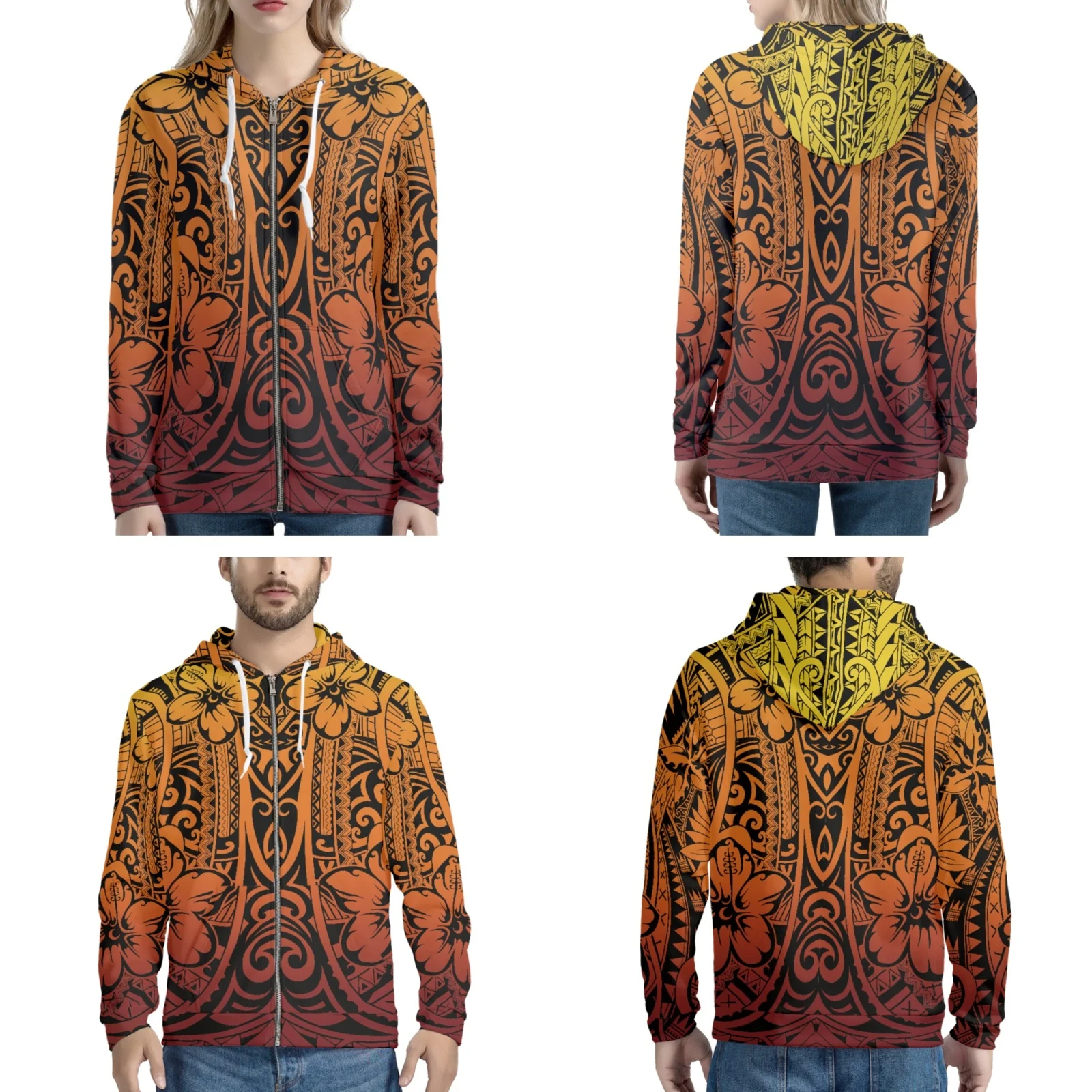 

Polynesian Tribal Set for Couples, Tongan Totem Tattoo, Tonga Classic Gold Color, Hibiscus Print, Zip-up Hoodie, Stylish Couple
