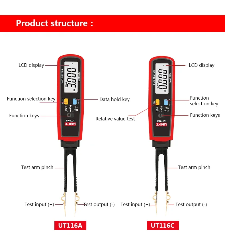 UNI-T UT116C SMD Tester 36V Voltage Battery Measurement Rotable Tweezer LED Diode Multimeter Resistor Capacitor Tester images - 6