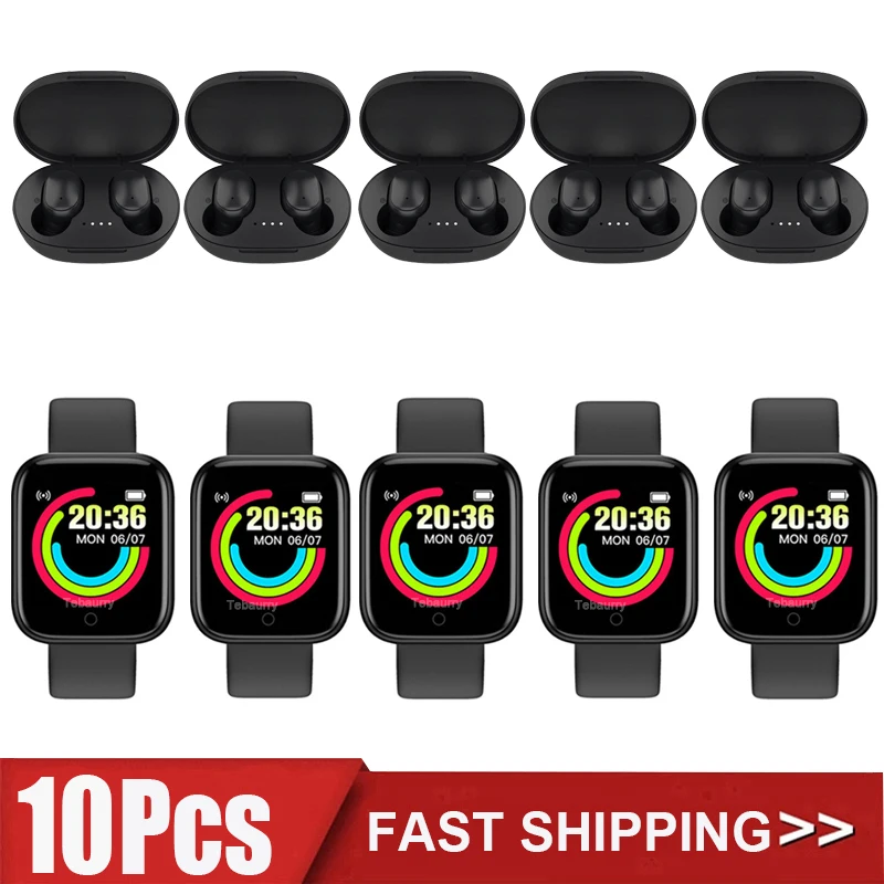 

10Pcs Smartwatch D20 + A6s TWS Y68 Smart Watch Men Women Fitness Tracker Sports Heart Rate Monitor Bluetooth Wristwatch