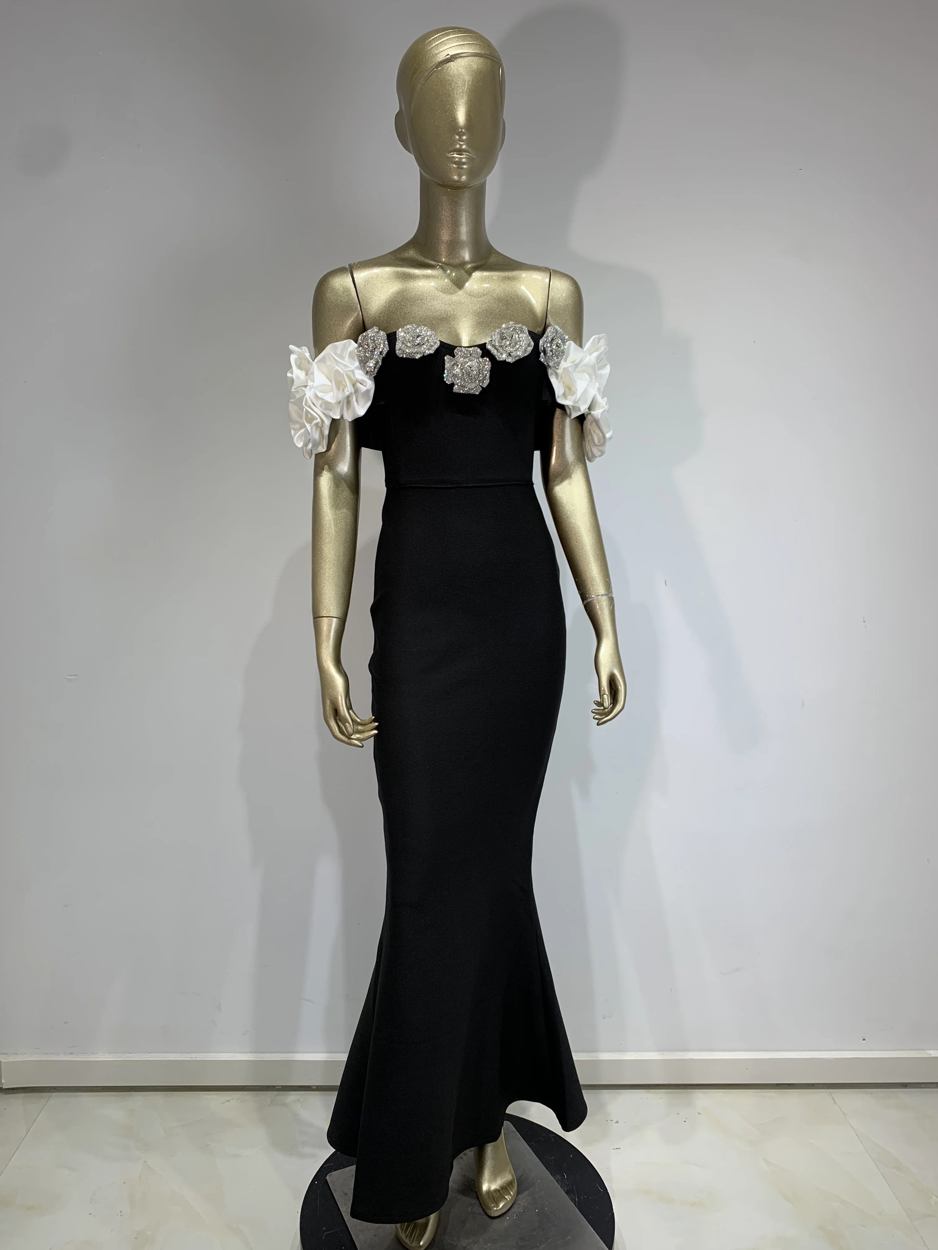 New Cocktail Dress Elegant Party Evening Celebrity Prom Gown Sexy Black Bandage Flower Backless Off Shoulder Long Dresses