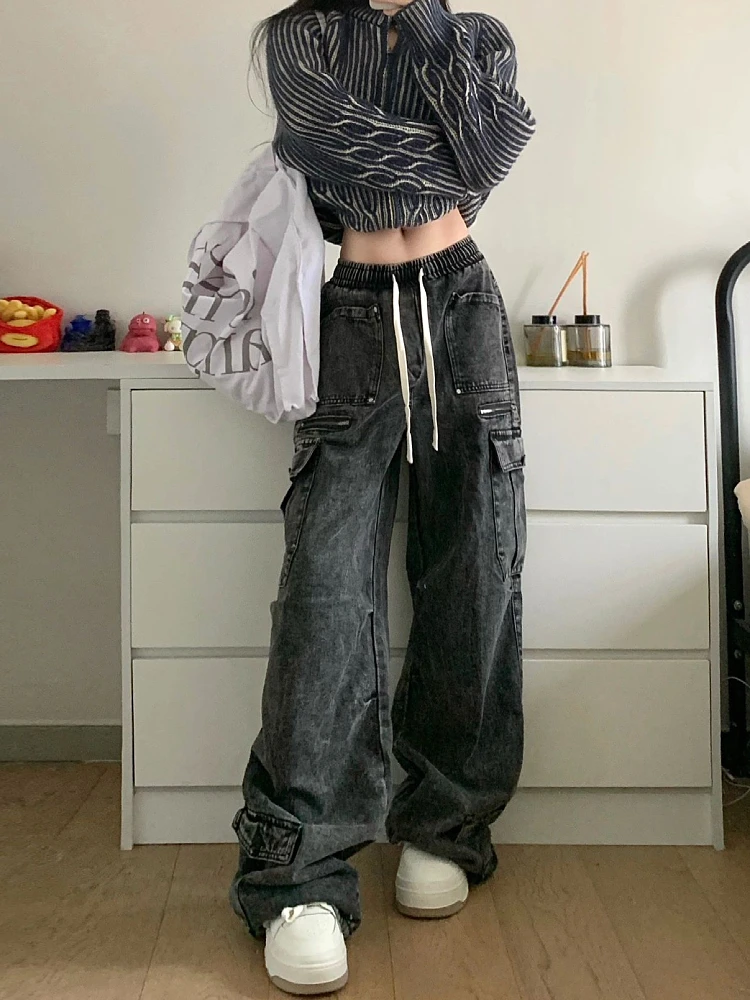 

Women Black Goth Baggy Cargo Jeans Vintage Y2k Denim Trouser 2000s 90s Aesthetic Harajuku High Waist Cowboy Pants Trashy Clothes