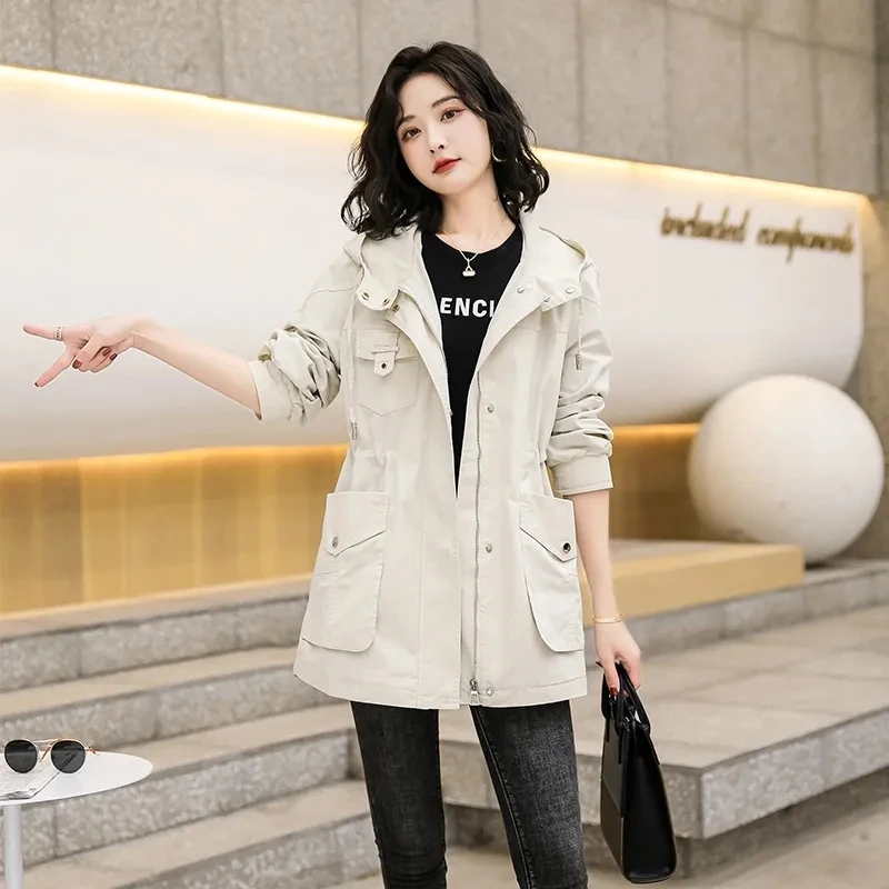 

Casual Hooded Women's Windbreaker 2023 Spring Autumn Clothes New Loose Pocket Outerwear Female Fashion Waist Trench Coat