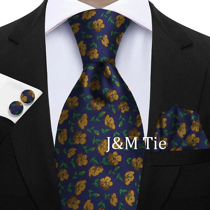 Hochwertiges 3-teiliges Krawattenset mit Blumenmuster – Krawatte aus Polyester-Seide, Einstecktuch und Manschettenknöpfe – elegant für Hochzeiten und formelle Anlässe – Detail 14