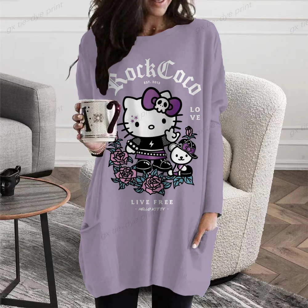 

2023 Casual Loose Women's T-Shirt Hello Kitty Printing O-neck Pocket Long Sleeves T Shirt Ladies Printing T-Shirt Tops Women