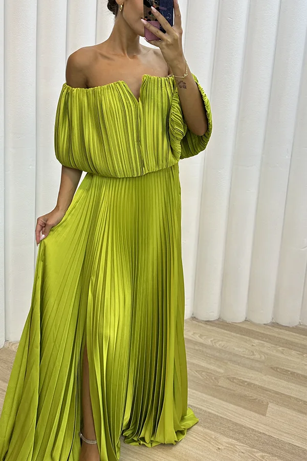 

Cutubly Solid Pleated Long Dress For Women Off The Shoulder Butterfly Sleeve Split Sexy Silk Robe 2023 Club Party Summer Holiday