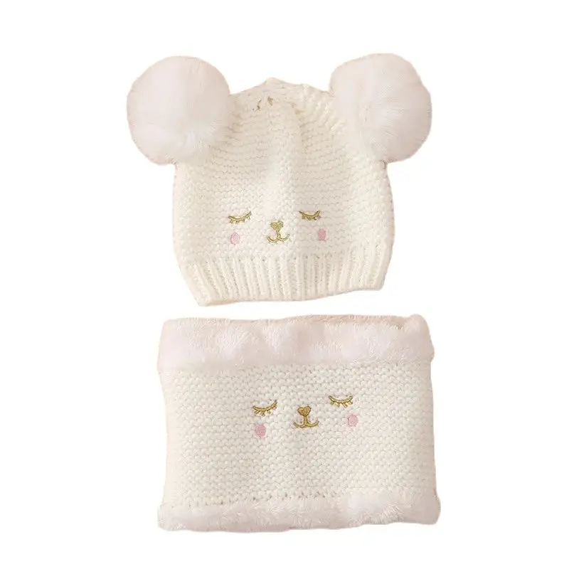 New Autumn Winter Baby Warm Hat Scarf Set Two Hair Balls Baby Hat Cartoon Knitted With Fleece Scarf Two-piece set