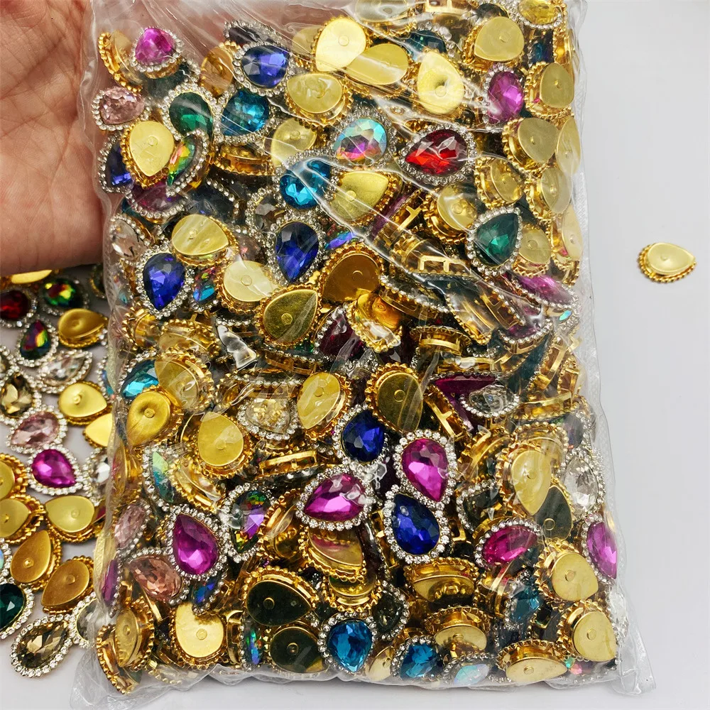 

500pcs per bag Wholesale tear drop design gold Base Rhinestones Sew On Rhinestones with mixed colors
