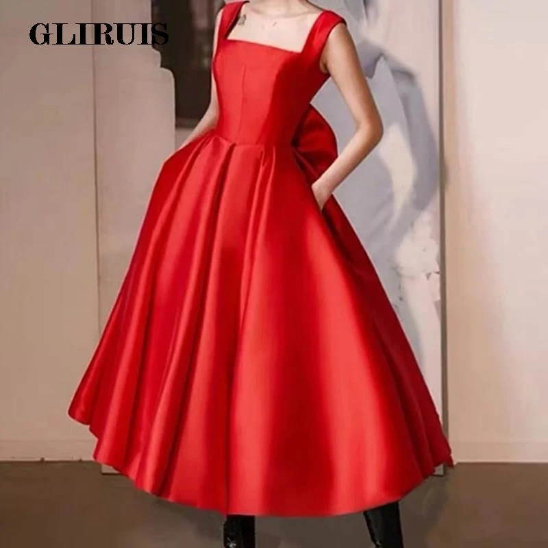 evening gowns with sleeves Elegant Satin Evening Dress Red A-Line Square Collar 2022 Evening Dress With Bow Backless Sleeveless Party Gowns Robes De Soirée sexy evening dresses