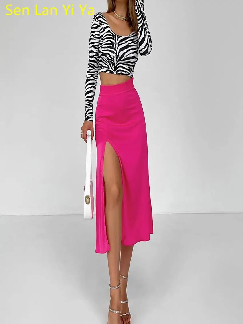 

Sen Lan Yi Ya Sexy Slit Slim Satin Pink Skirts For Woman Summer Fashion Office High Waisted Skirt 2023 Elegant Simple Skirt