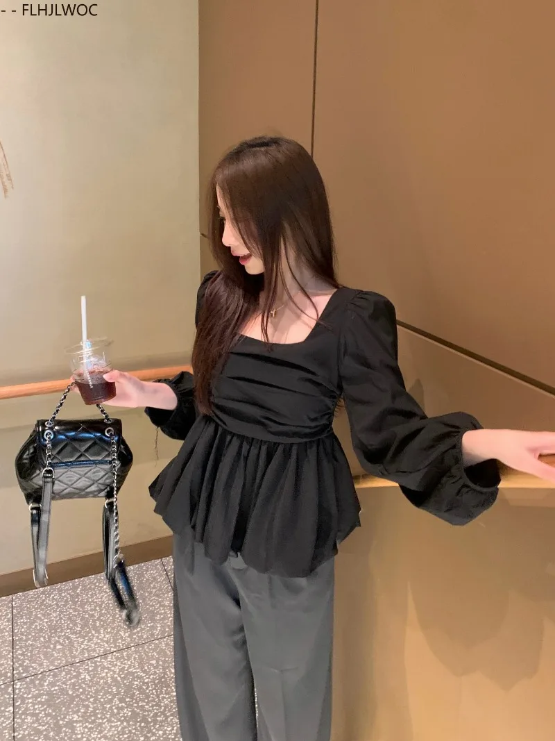 Belly Tunic Peplum Tops Blouses New Design Women Long Sleeve Casual Chic Korea Slim Fitted Black White Basics Shirts