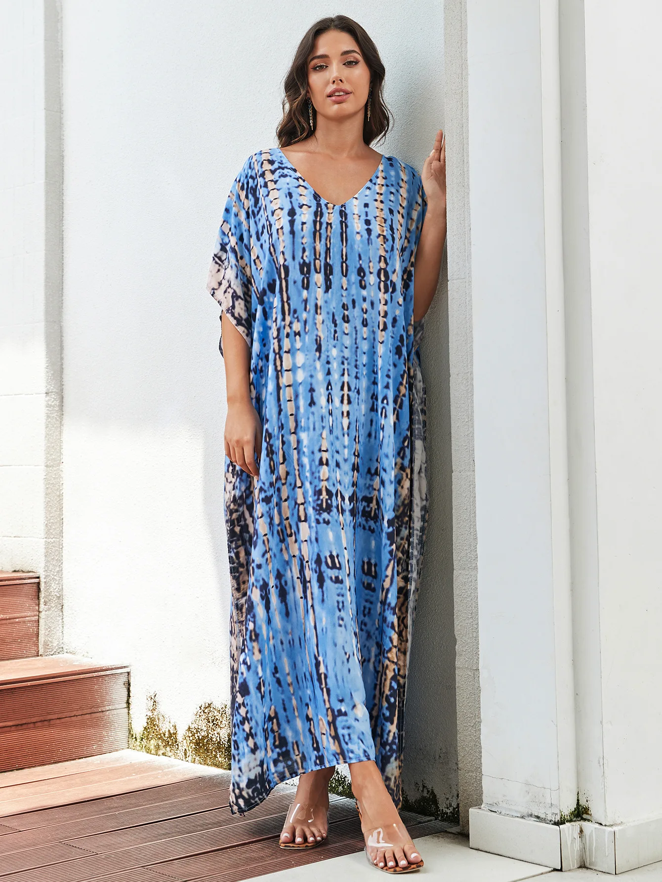 Fashion Casual Striped Print Long Dresses Women Bohemian V-neck Bat Sleeve Loose Slit Beach Dress Summer New Beachwear Vestidos 20 Fashion Casual Striped Print Long Dresses Women Bohemian V-neck Bat Sleeve Loose Slit Beach Dress Summer New Beachwear Vestidos