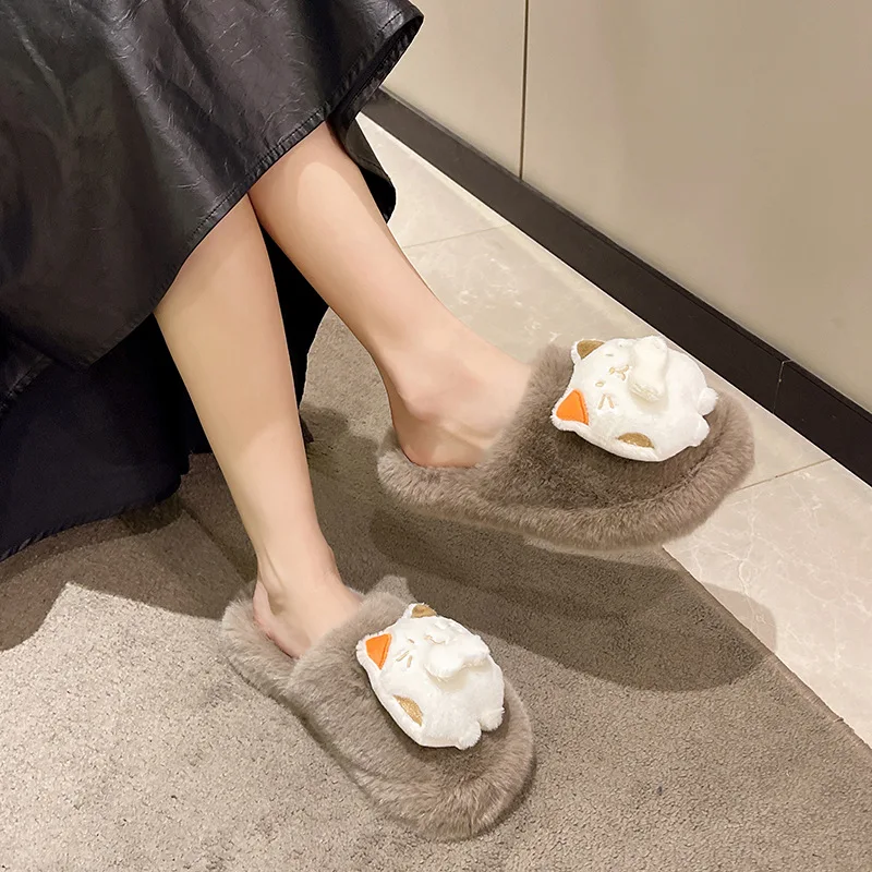 2023 New Autumn and winter fashion cross fluffy slippers women's indoor and outdoor one word flat cotton slippers ATD207