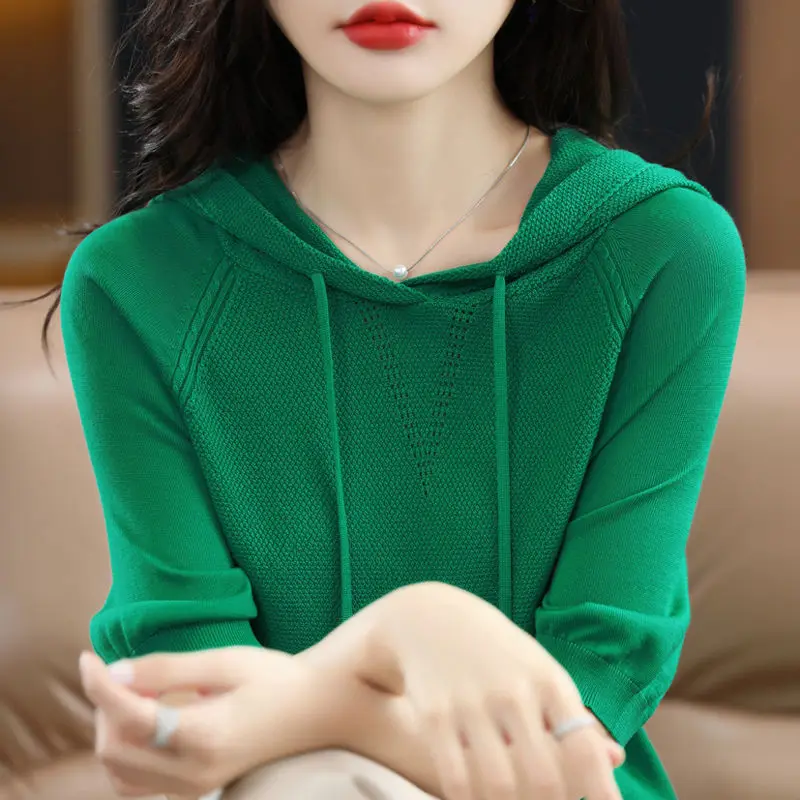 Spring Summer Women Solid Short Sleeve Knit Hoodies Versatile Loose Fashion Sweatshirts Korean Vintage Pullover Casual T-shirt
