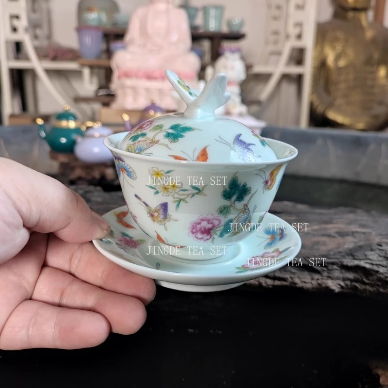 160ml Enamel Covered Bowl Ceramic Butterfly Love Flower Three Talent Bowl Tea Cup Cute Tea Set Tea Set Accessories